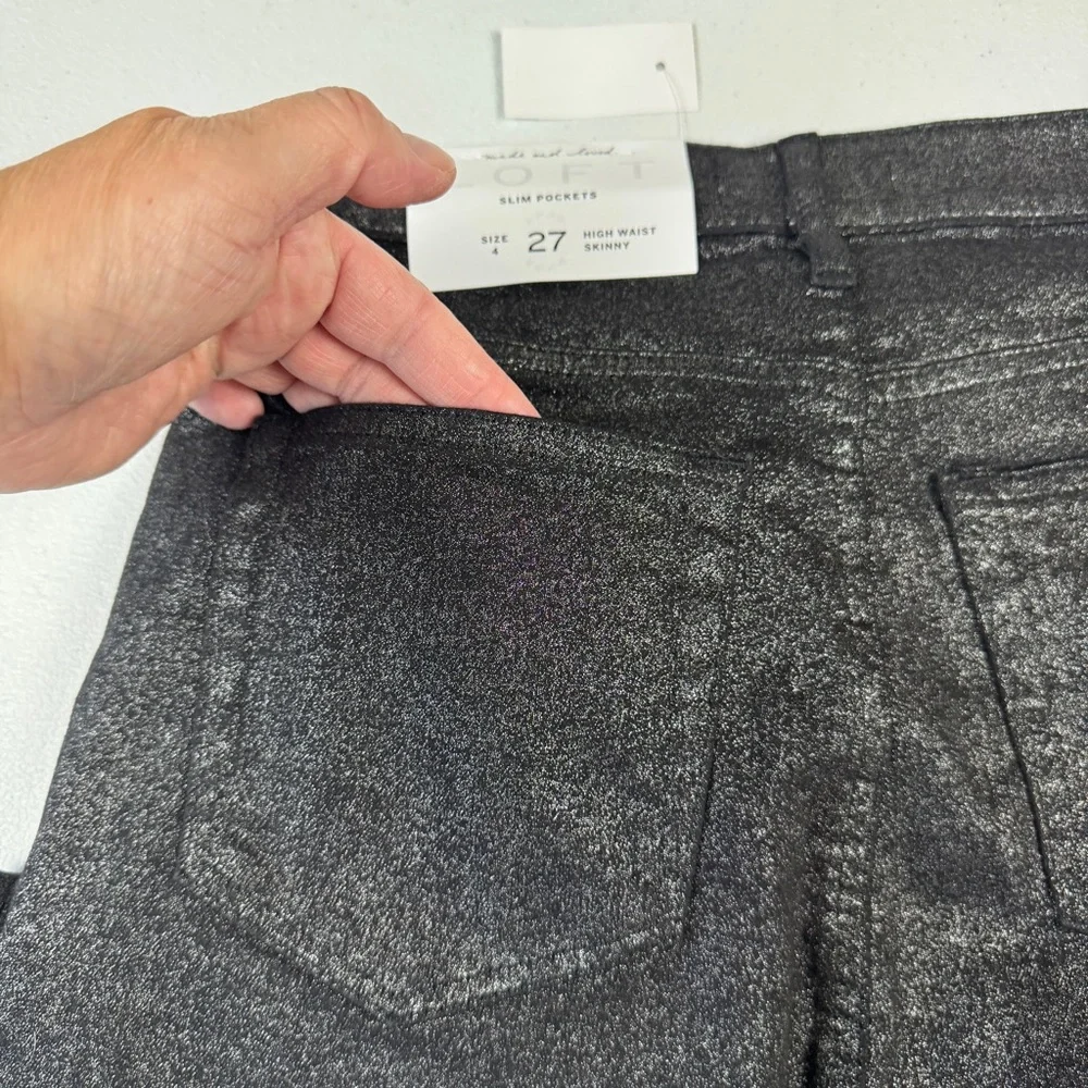 LOFT High Rise Skinny Jeans‎ Womens 4 Black Silver Shimmer Pockets Stretch NWT